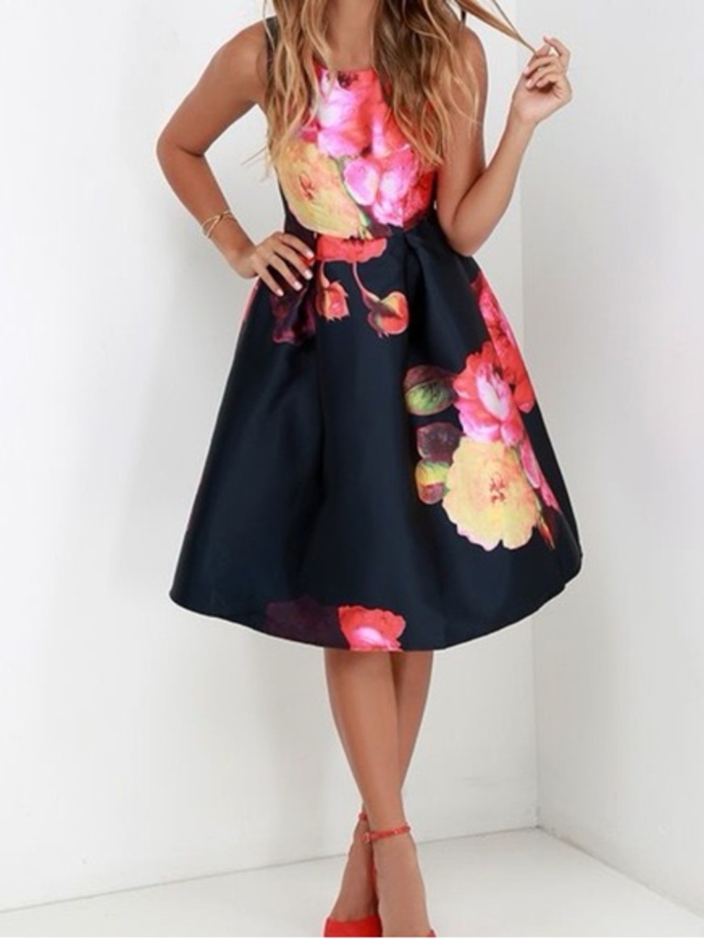 SHEIN Navy Midi Dress with Pink and Yellow Floral Print - Picture 2 of 3